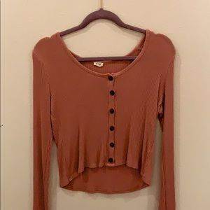 long sleeve coral pink button up tight shirt